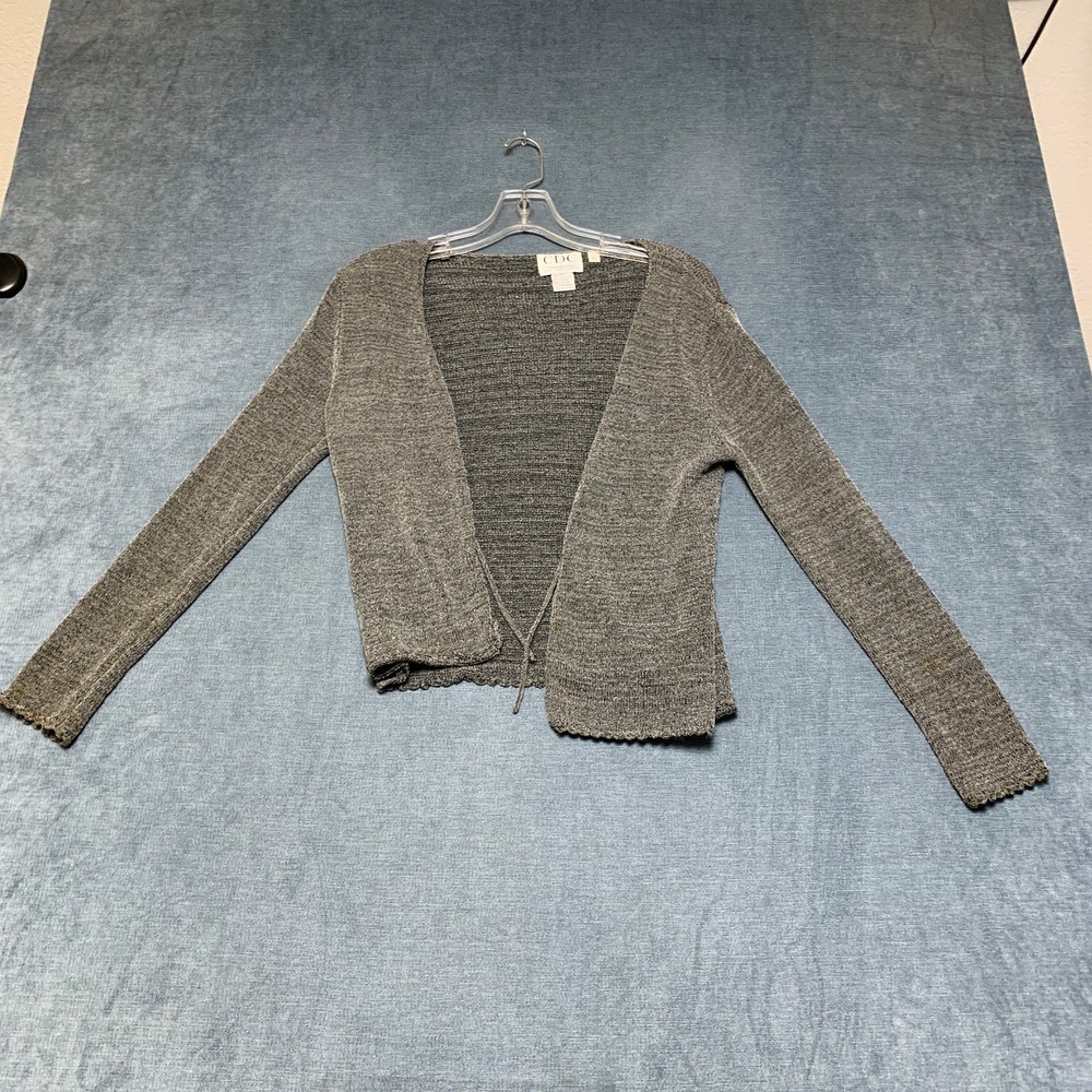 CDC Cardigan Sweater Womens L Heather Gray Metallic Knit Scalloped Hem Tie Front